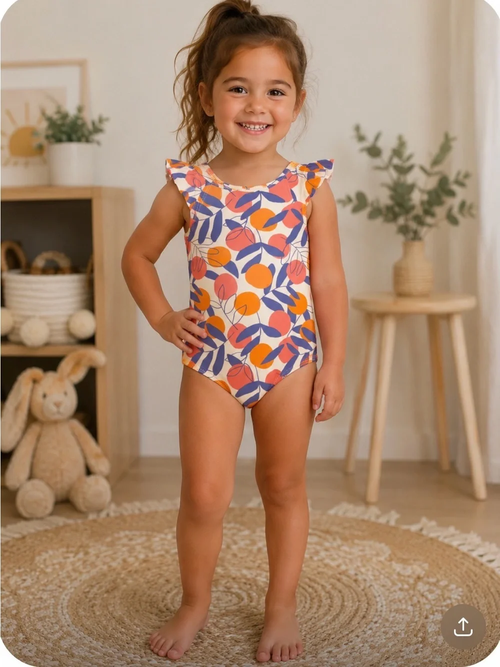 Tea Collection Orange & Purple Leaf Print Ruffle One-Piece Swimsuit